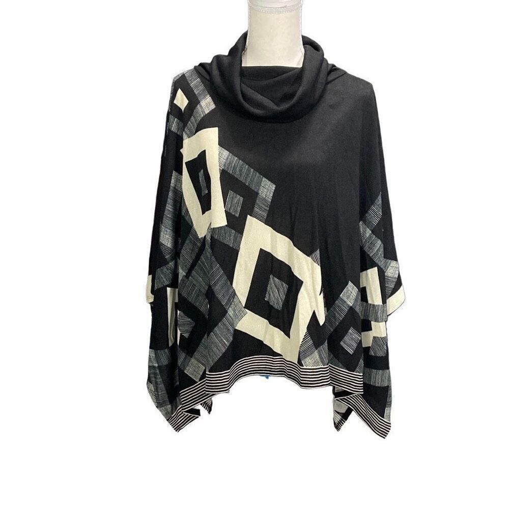 Arielle Cowl Neck Poncho Black Cream Geometric NWT $72 One Size Fits All